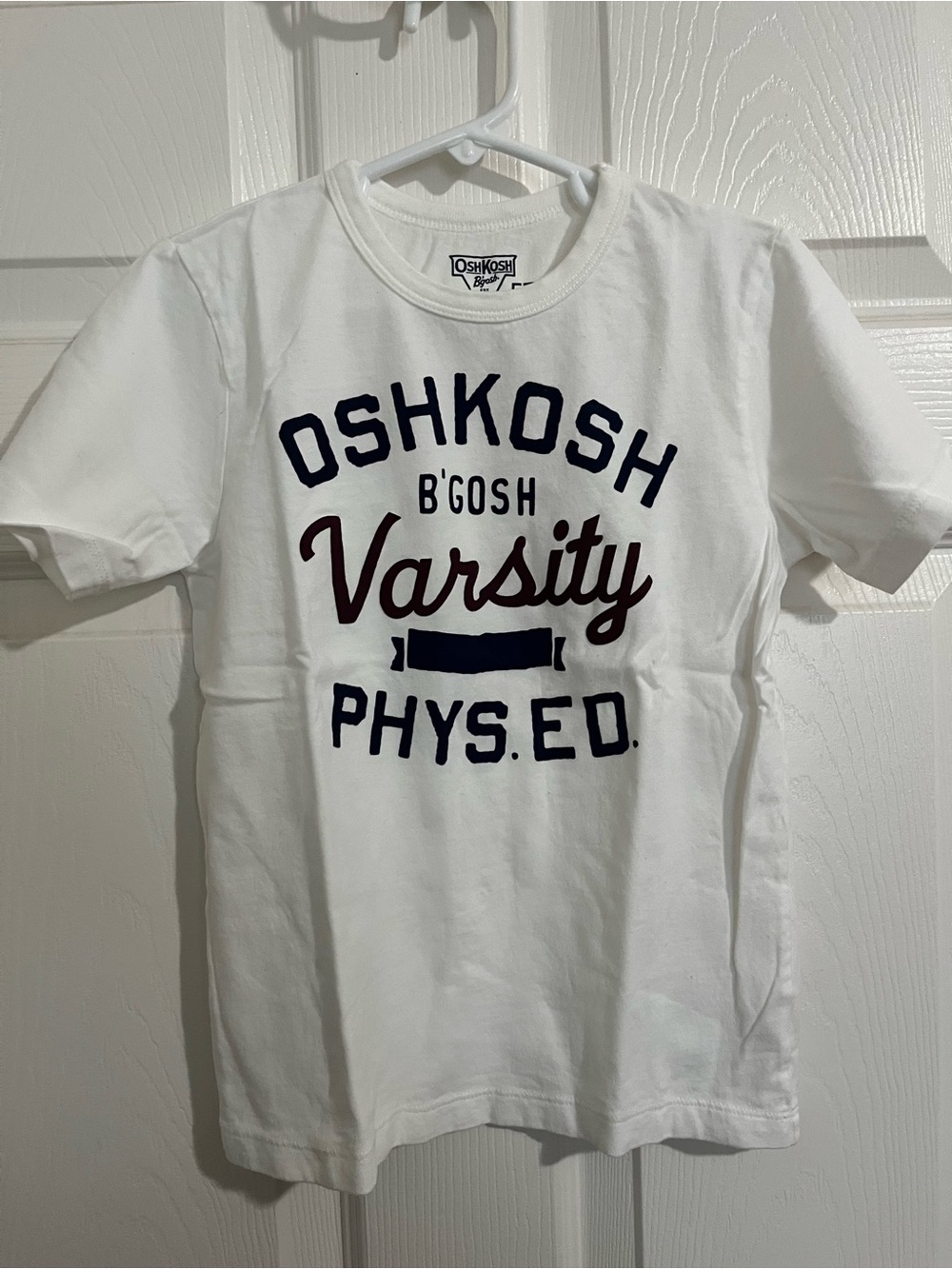 OshKosh B'gosh White Varsity Graphic Tee with Navy and Burgundy Text NWOT